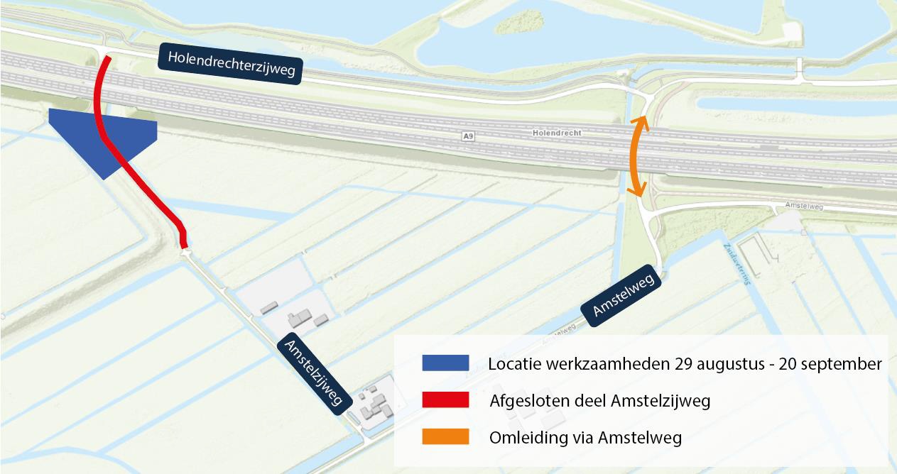 kaartje met afsluiting amstelzijweg ter hoogte van A9. Omleiding via Amstelweg