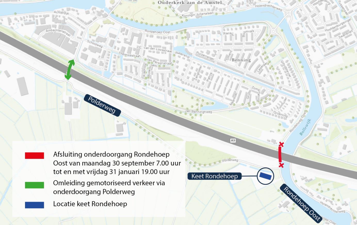 Kaart met Locatie keet Rondehoep Oost (informatieavond) en omleiding.