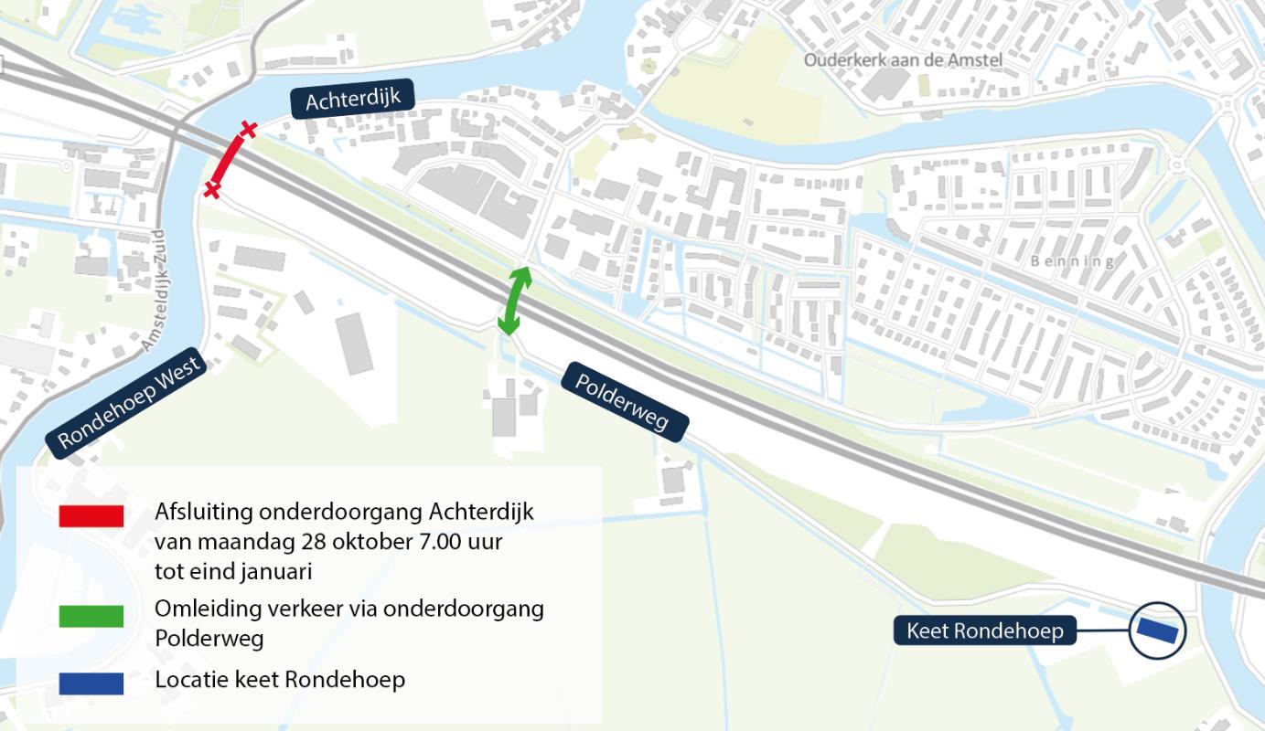 Kaartje met omleidingsroute. Afsluiting onderdoorgang Achterdijk van maandag 28 oktober tot eind januari.