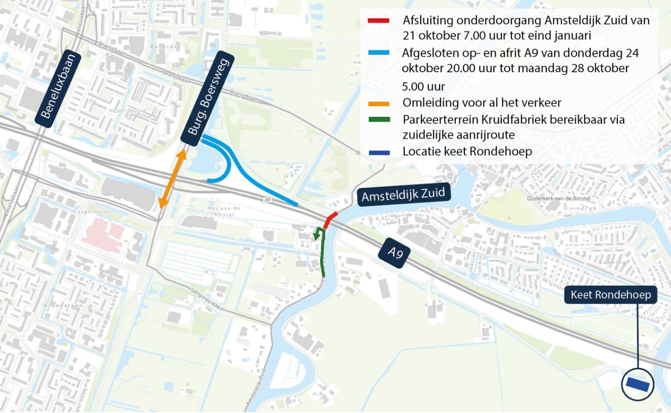 Omleidingskaartje. Afsluiting onderdoorgang Amsteldijk Zuid van 21 oktober tot eind januari.